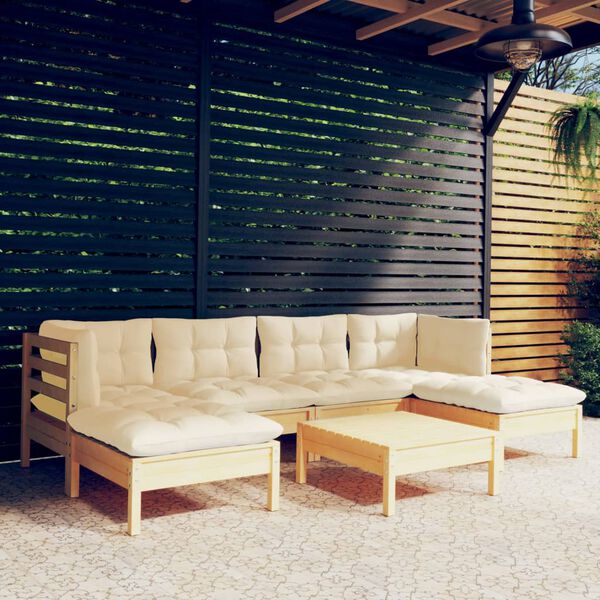 vidaXL 7 Piece Garden Lounge Set with Cream Cushions Pinewood