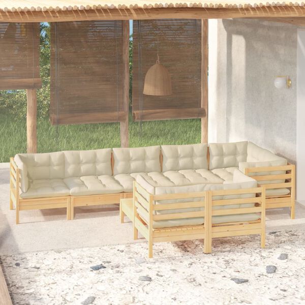 vidaXL 9 Piece Garden Lounge Set with Cream Cushions Solid Pinewood