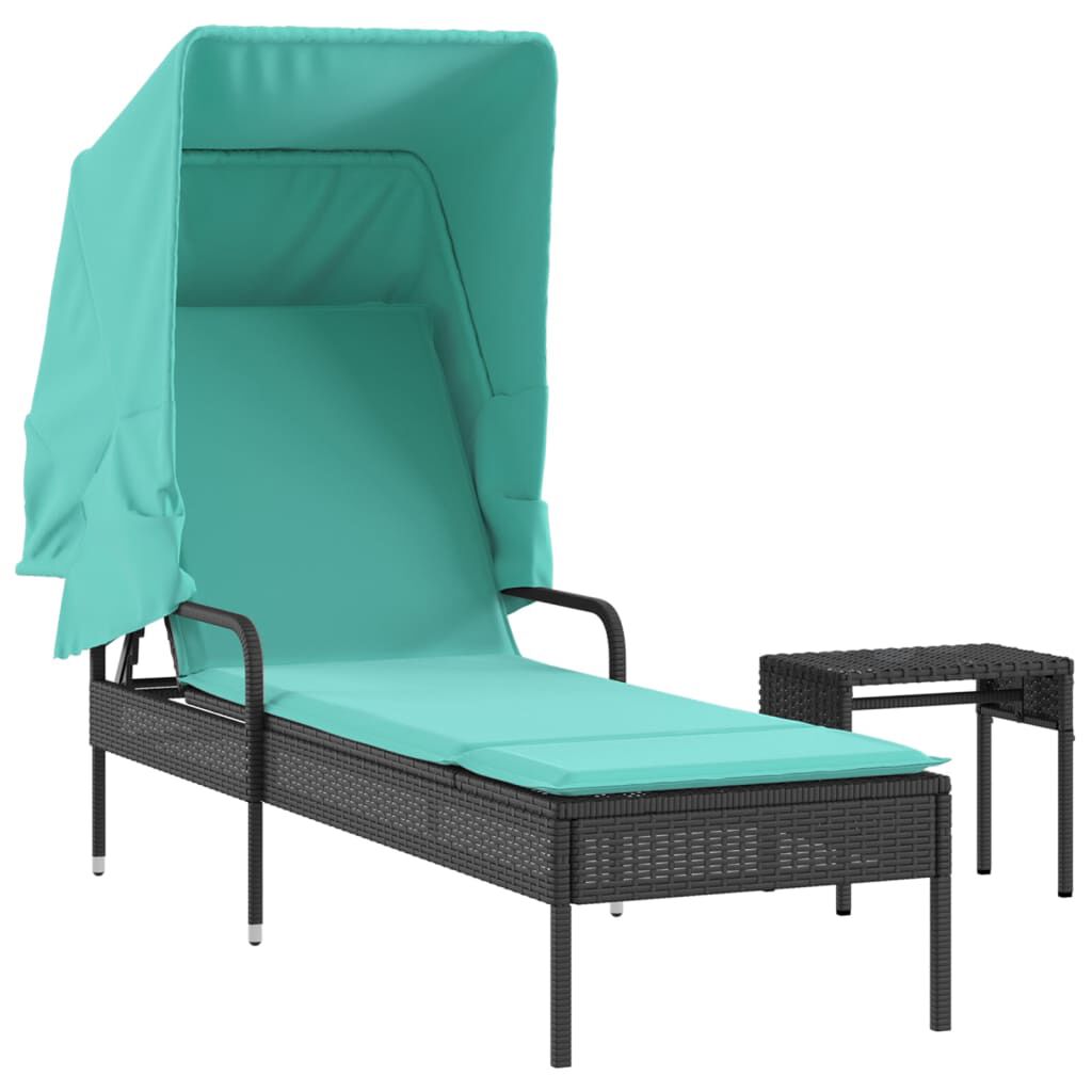 vidaXL Sun Lounger with Canopy and Table Black Poly Rattan
