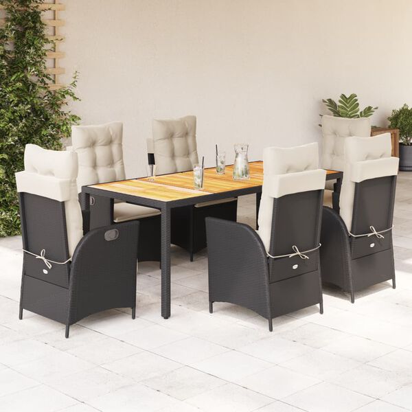 vidaXL 7 Piece Garden Dining Set with Cushions Black Poly Rattan