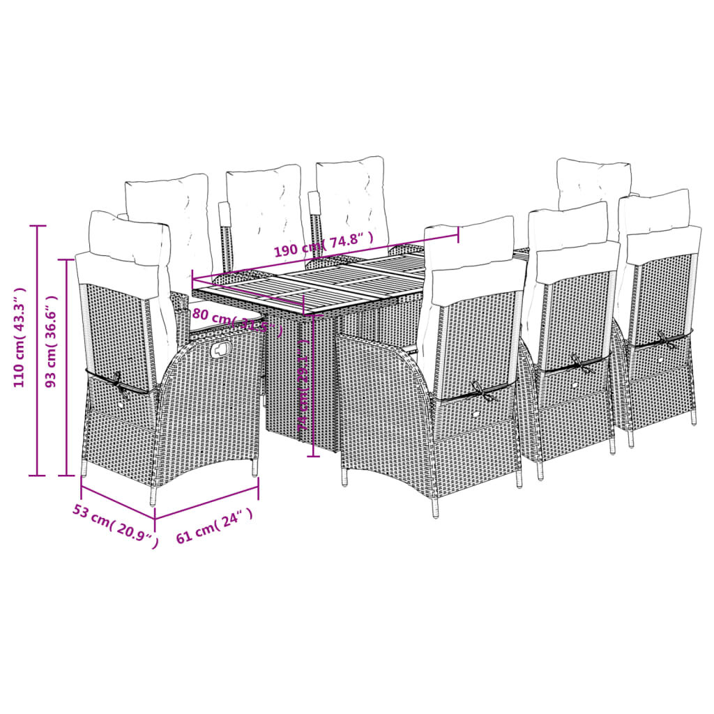 vidaXL 9 Piece Garden Dining Set with Cushions Beige Poly Rattan