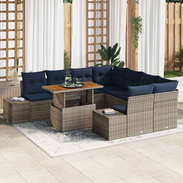 vidaXL Garden Dining Set with Cushion 9 pcs Grey and Navy