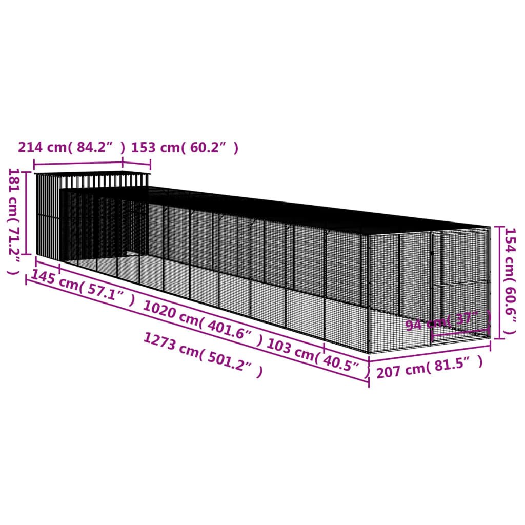 vidaXL Dog House with Run Anthracite 214x1273x181 cm Galvanised Steel