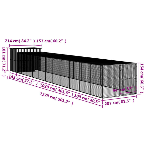 vidaXL Dog House with Run Anthracite 214x1273x181 cm Galvanised Steel