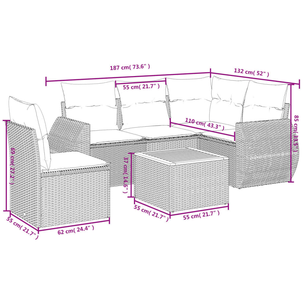 vidaXL 6 Piece Garden Sofa Set with Cushions Grey Poly Rattan