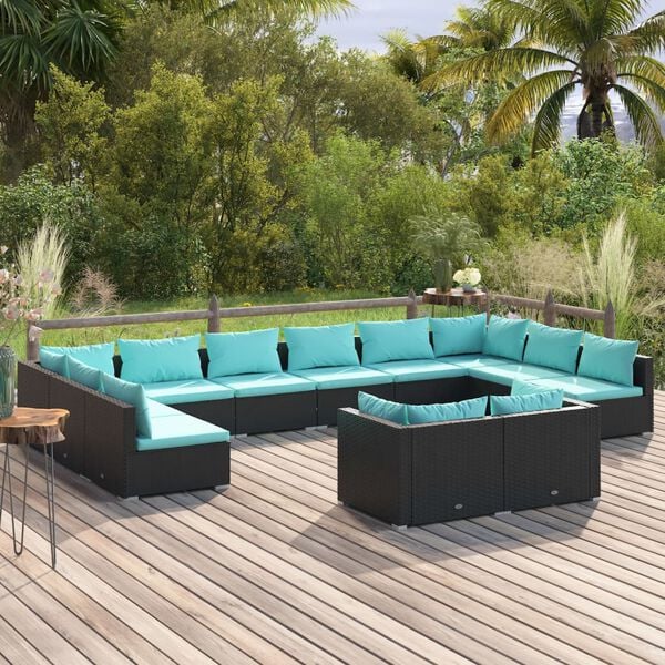 vidaXL 12 Piece Garden Lounge Set with Cushions Black Poly Rattan