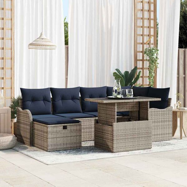 vidaXL Garden Sofa Set with Cushion 7 pcs Grey Poly rattan