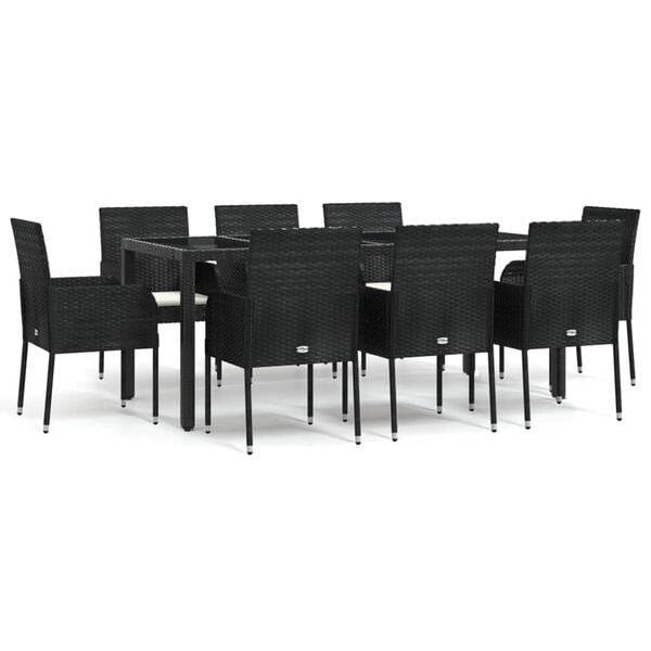 vidaXL 9 Piece Garden Dining Set with Cushions Black Poly Rattan
