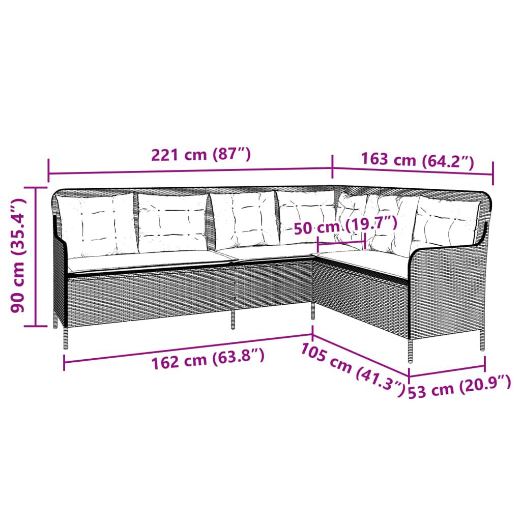 vidaXL Garden Sofa with Cushions L-Shaped Brown Poly Rattan