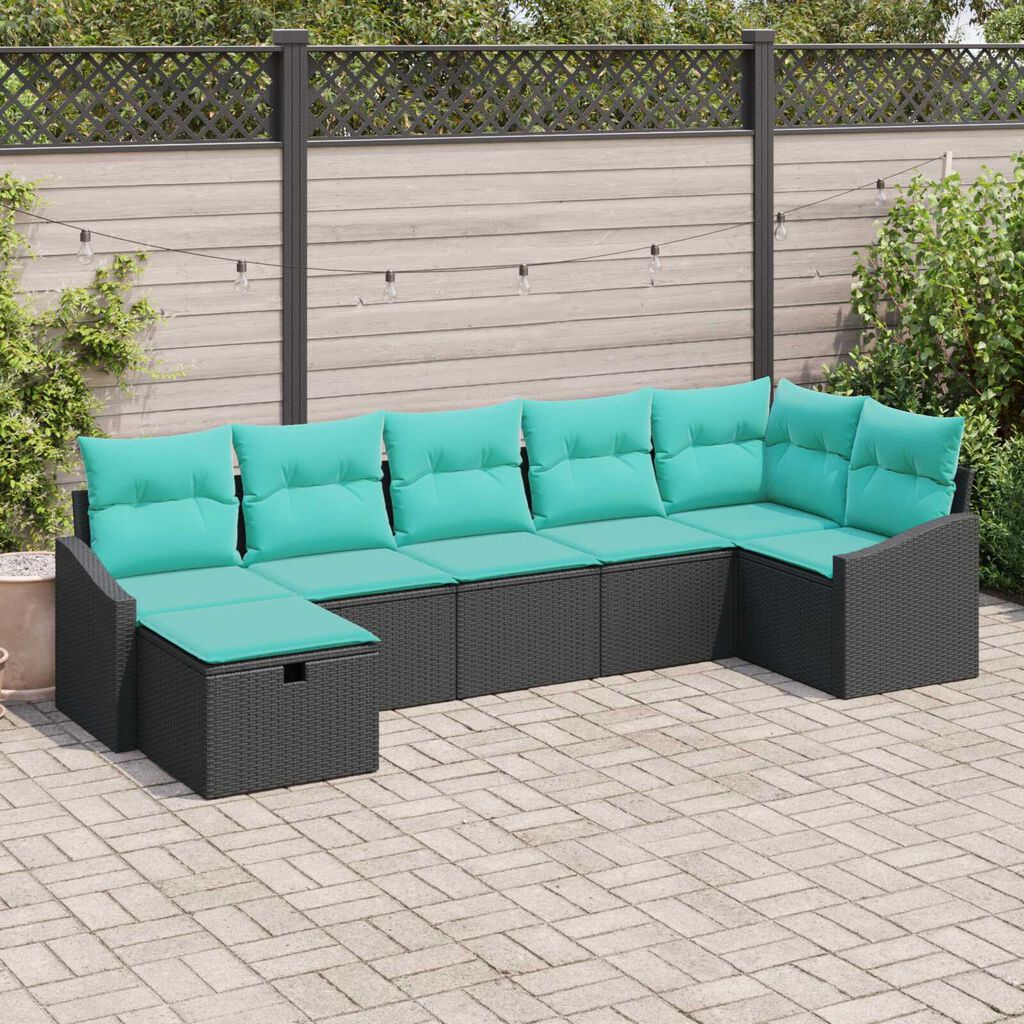 vidaXL 7 Piece Garden Sofa Set with Cushions Black Poly Rattan