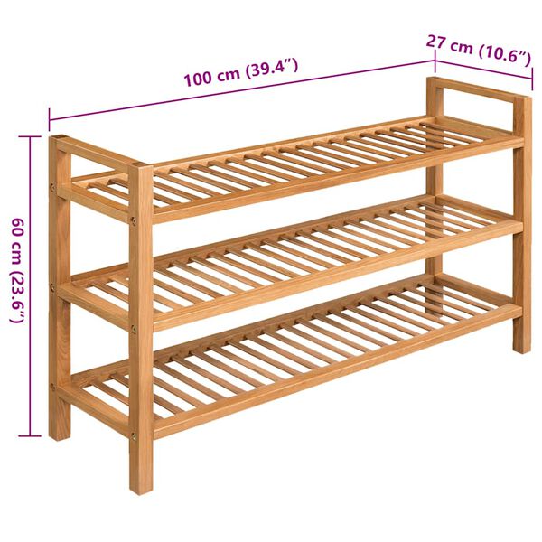 vidaXL Shoe Rack with 3 Shelves 100x27x60 cm Solid Oak Wood