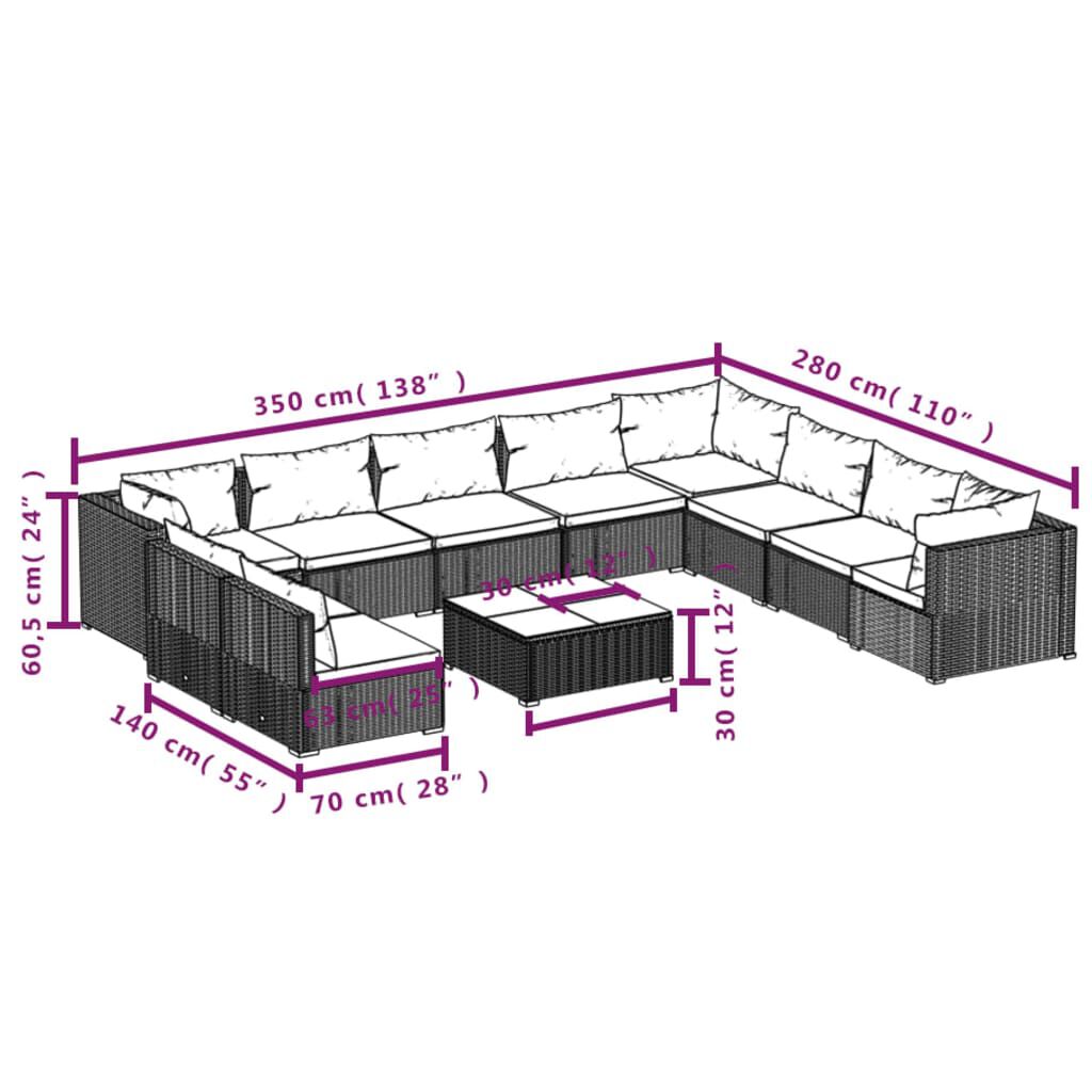 vidaXL 11 Piece Garden Lounge Set with Cushions Brown Poly Rattan