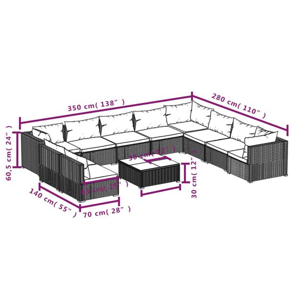 vidaXL 11 Piece Garden Lounge Set with Cushions Brown Poly Rattan
