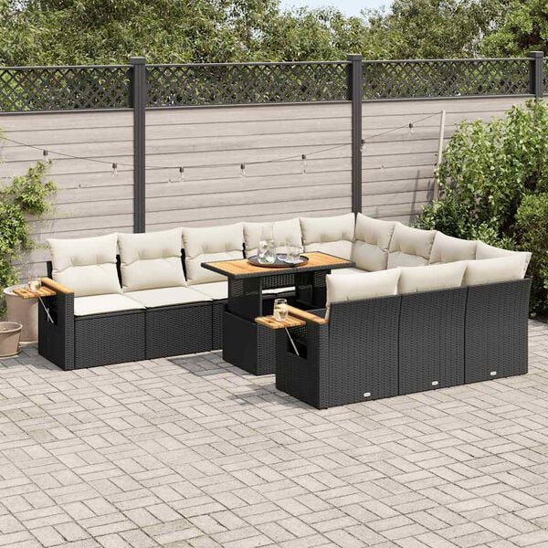 vidaXL 10 Piece Garden Sofa Set with Cushions Black Poly Rattan Acacia
