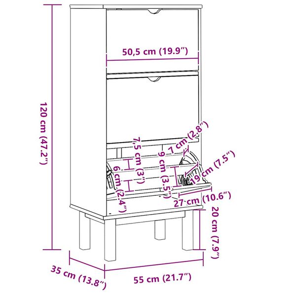 vidaXL Shoe Cabinet OTTA with 3 Drawers Brown Solid Wood Pine