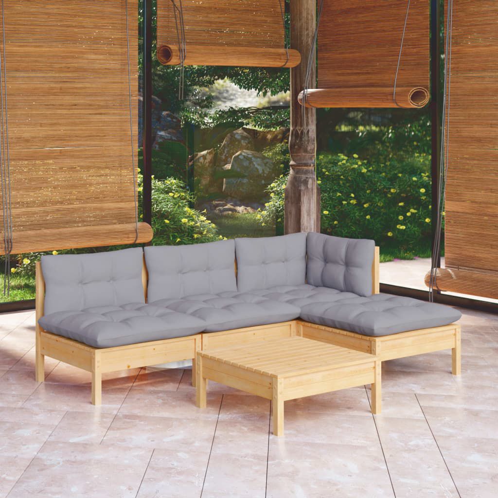 vidaXL 5 Piece Garden Lounge Set with Grey Cushions Pinewood