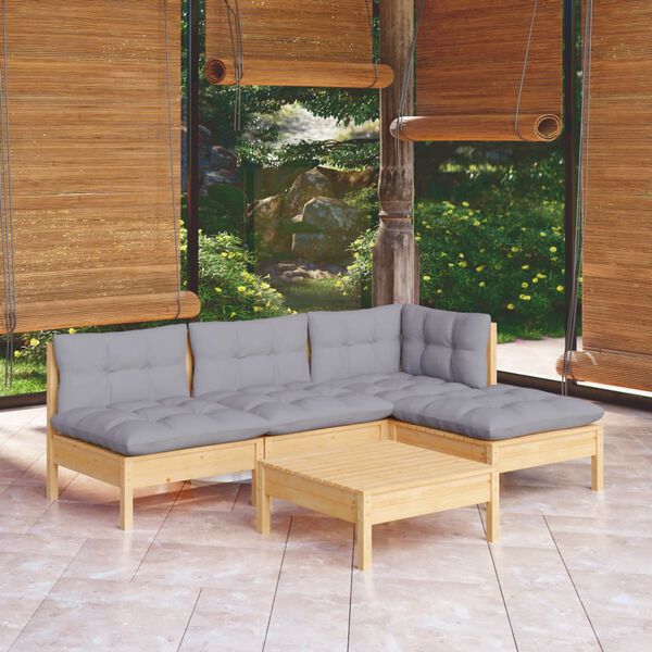 vidaXL 5 Piece Garden Lounge Set with Grey Cushions Pinewood