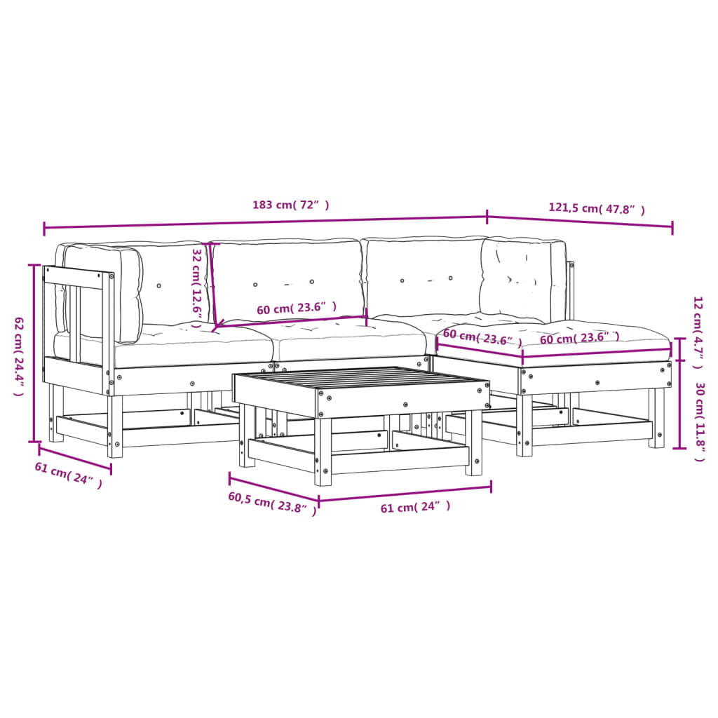 vidaXL 5 Piece Garden Lounge Set with Cushions White Solid Wood