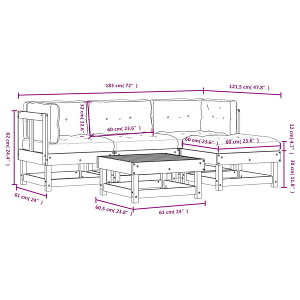 vidaXL 5 Piece Garden Lounge Set with Cushions White Solid Wood
