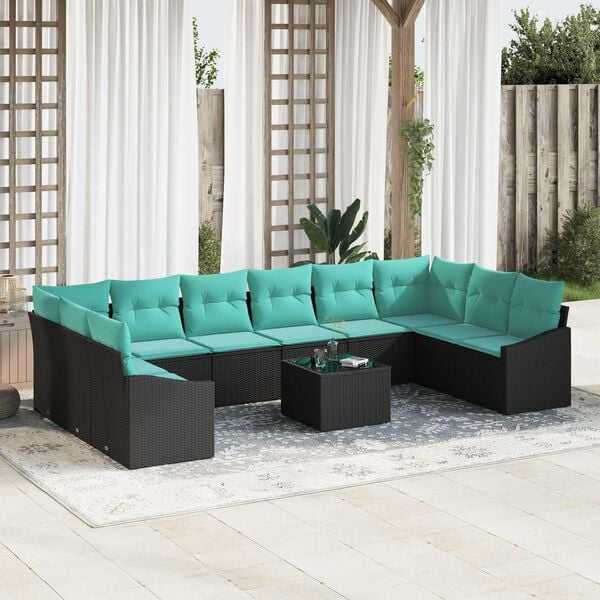 vidaXL Garden Sofa Set with Storage Black and Turquoise Poly Rattan