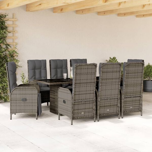 vidaXL 9 Piece Garden Dining Set with Cushions Grey Poly Rattan
