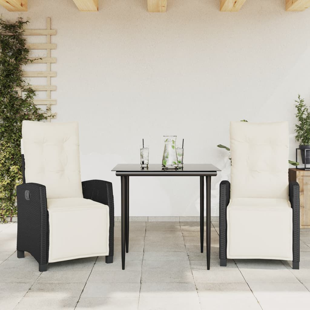vidaXL 3 Piece Garden Dining Set with Cushions Black Poly Rattan