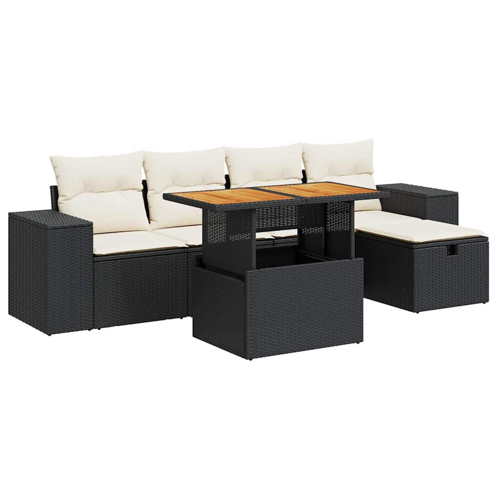 vidaXL 6 Piece Garden Sofa Set with Cushions Black Poly Rattan Acacia