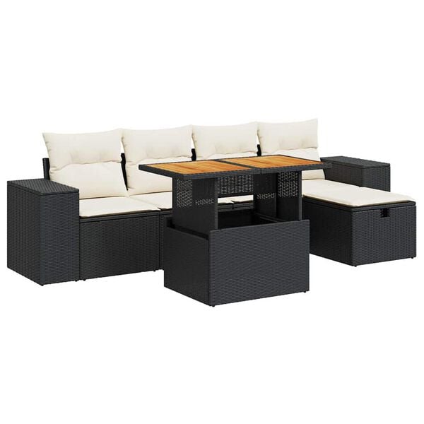 vidaXL 6 Piece Garden Sofa Set with Cushions Black Poly Rattan Acacia