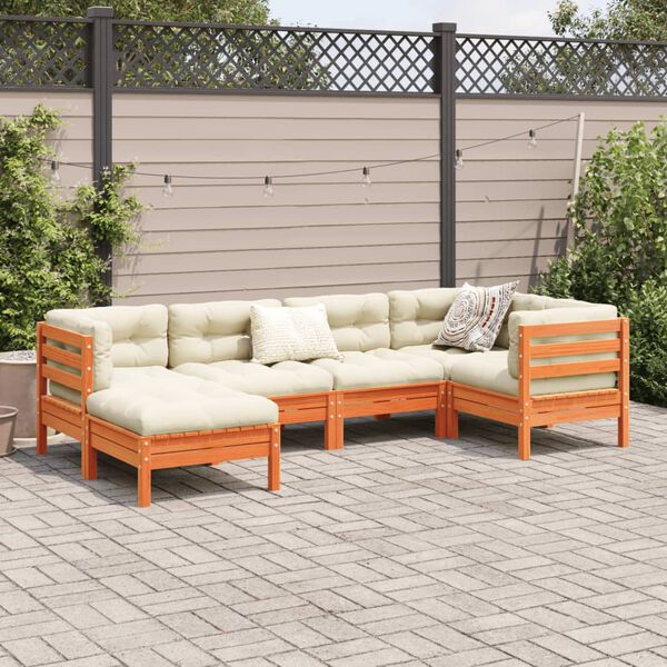 vidaXL 6 Piece Garden Sofa Set with Cushions Wax Brown Solid Wood Pine