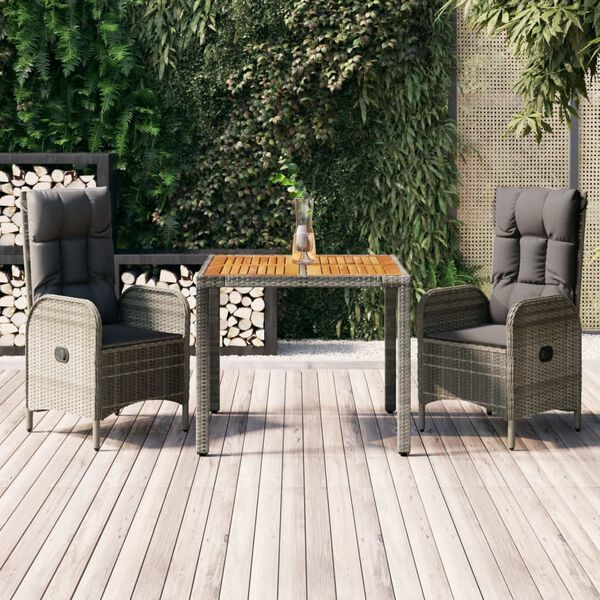 vidaXL 3 Piece Garden Dining Set with Cushions Grey Poly Rattan