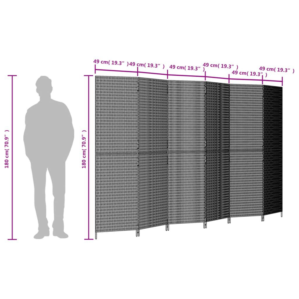 vidaXL Room Divider 6 Panels Grey Poly Rattan