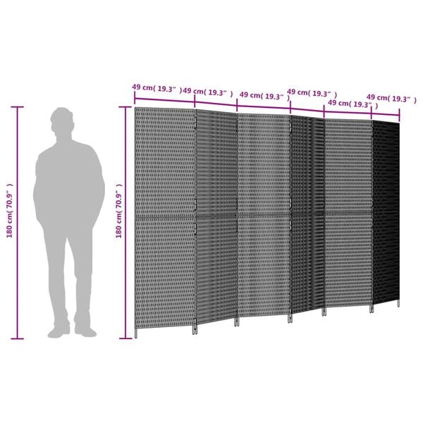 vidaXL Room Divider 6 Panels Grey Poly Rattan