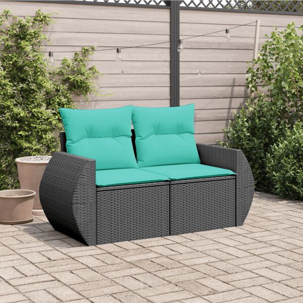 vidaXL Garden Sofa with Cushions 2-Seater Black Poly Rattan
