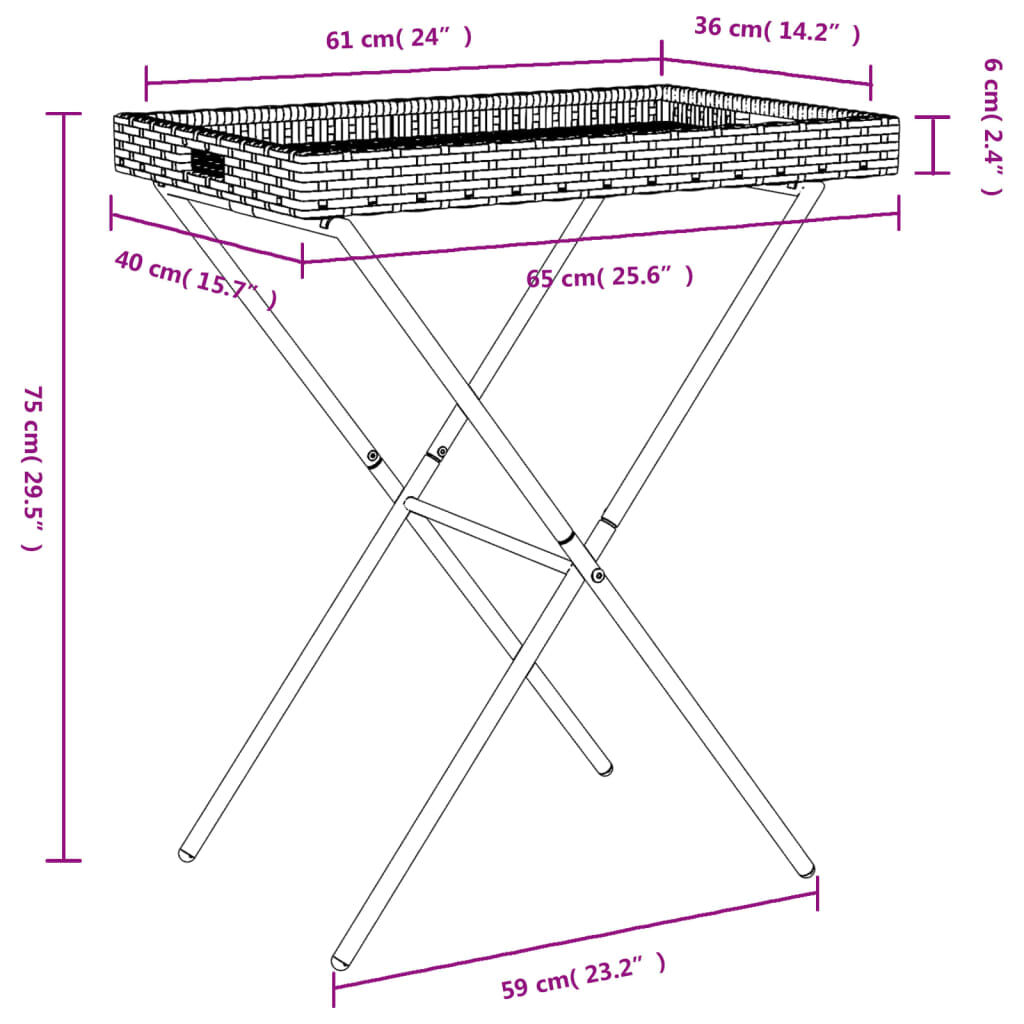 vidaXL Folding Tray Table Beige 65x40x75 cm Poly Rattan