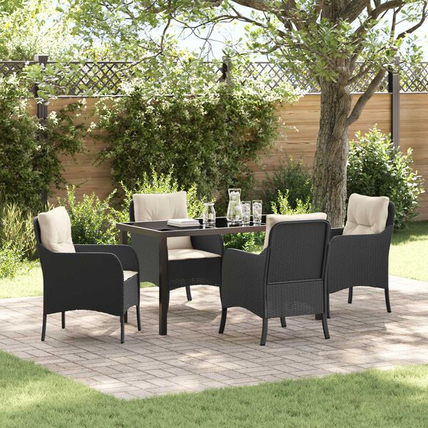 vidaXL Garden Dining Set with Cushion 5 pcs Black Poly Rattan