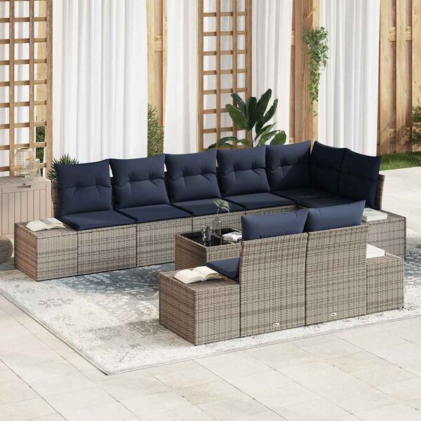 vidaXL Garden Sofa Set with Cushion 9 pcs Grey Poly Rattan
