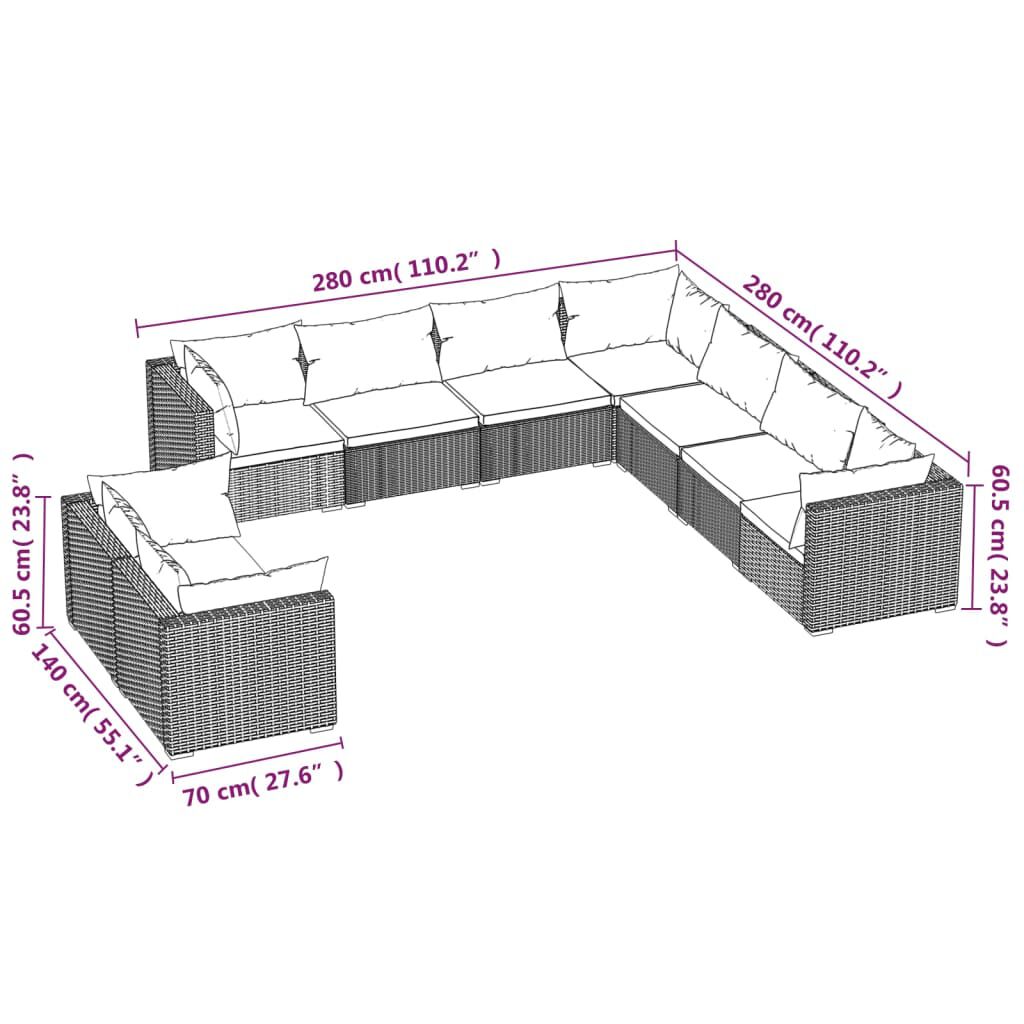 vidaXL 9 Piece Garden Lounge Set with Cushions Brown Poly Rattan