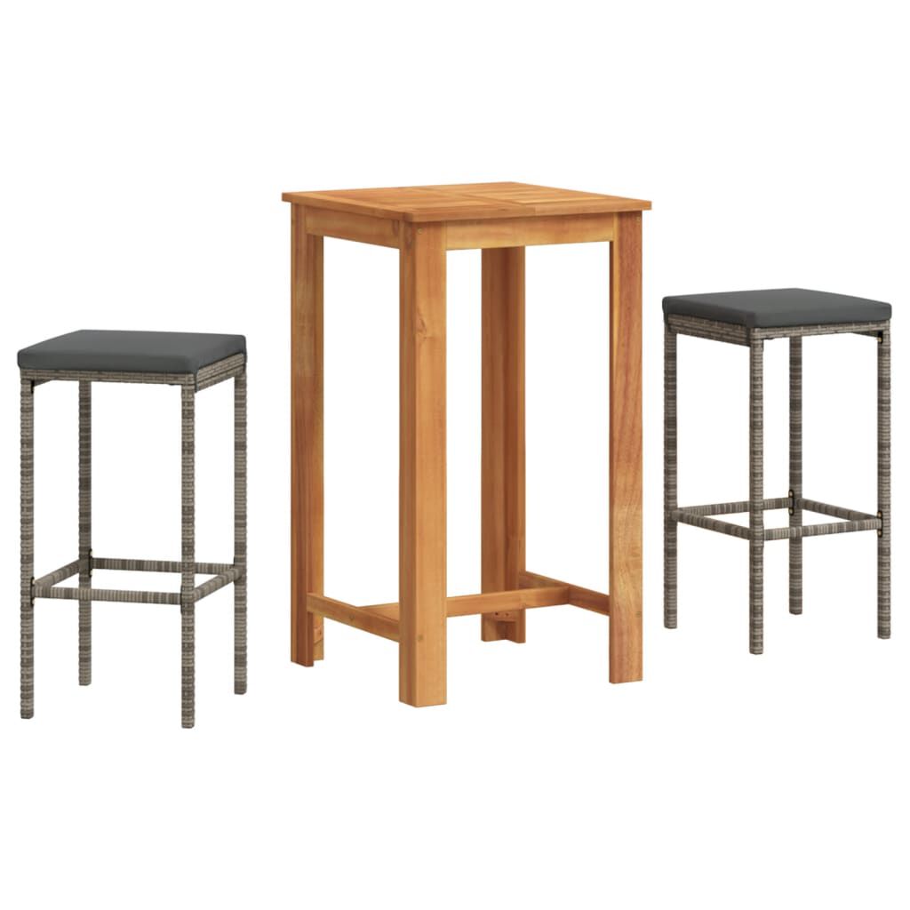 vidaXL 3 Piece Garden Bar Set Grey Solid Wood Acacia and Poly Rattan