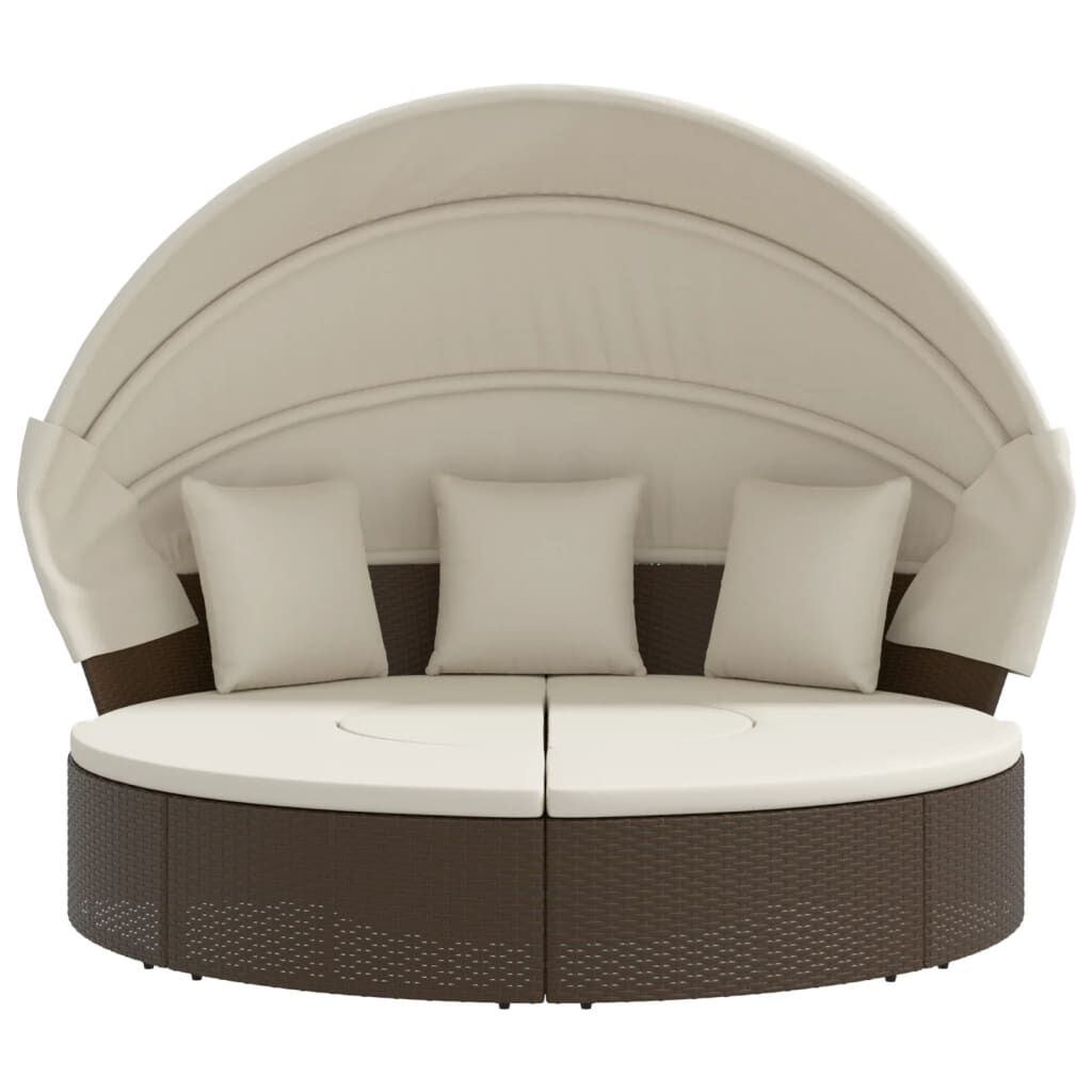 vidaXL Outdoor Lounge Bed with Canopy and Cushions Brown Poly Rattan