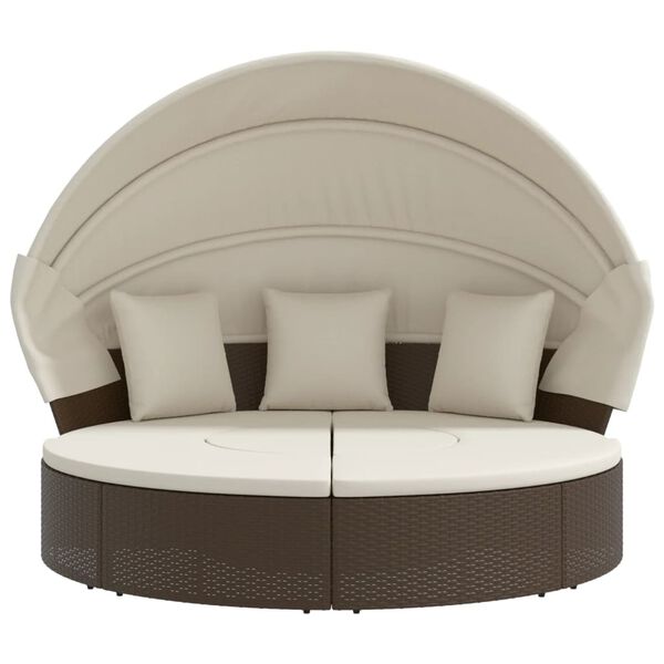 vidaXL Outdoor Lounge Bed with Canopy and Cushions Brown Poly Rattan