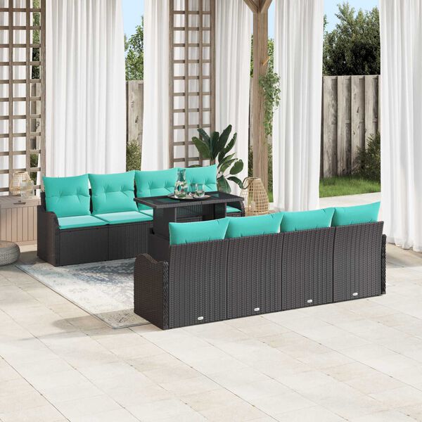 vidaXL 9 Piece Garden Sofa Set with Cushions Black Poly Rattan