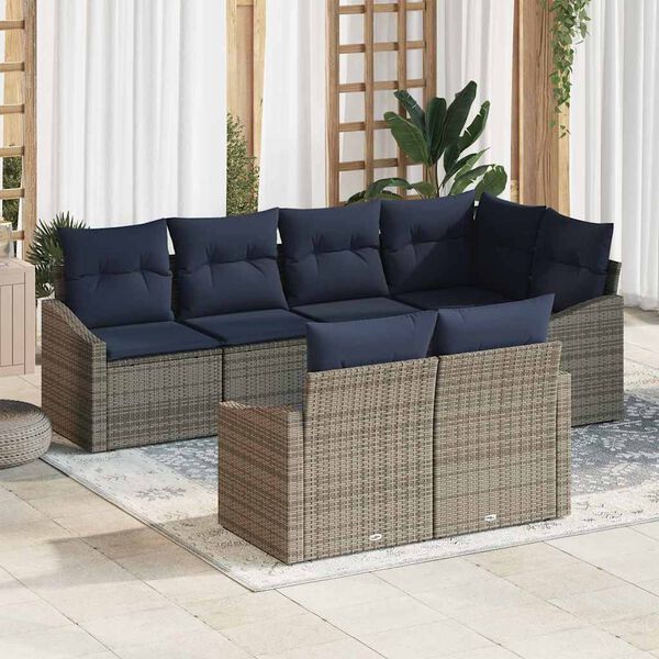 vidaXL Sofa Set with Cushion 7 pcs Grey Poly Rattan