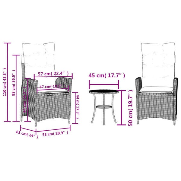 vidaXL 3 Piece Bistro Set with Cushions Black Poly Rattan