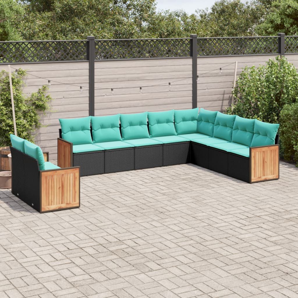 vidaXL 10 Piece Garden Sofa Set with Cushions Black Poly Rattan