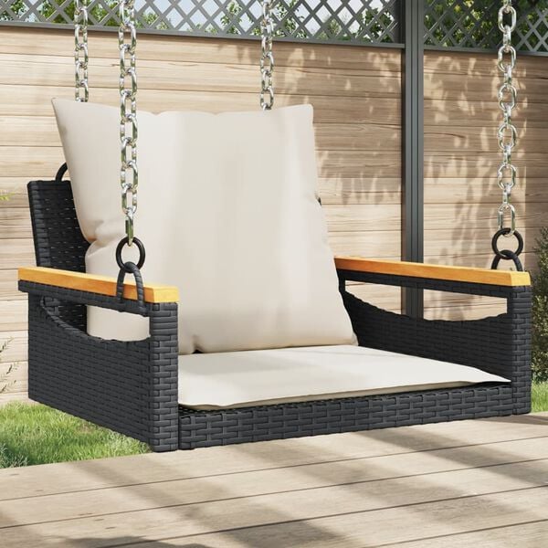 vidaXL Swing Bench with Cushions Black 63x62x40 cm Poly Rattan