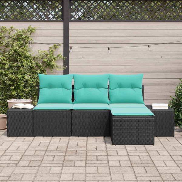 vidaXL Garden Sofa Set 4 pcs Black and Turquoise Poly Rattan