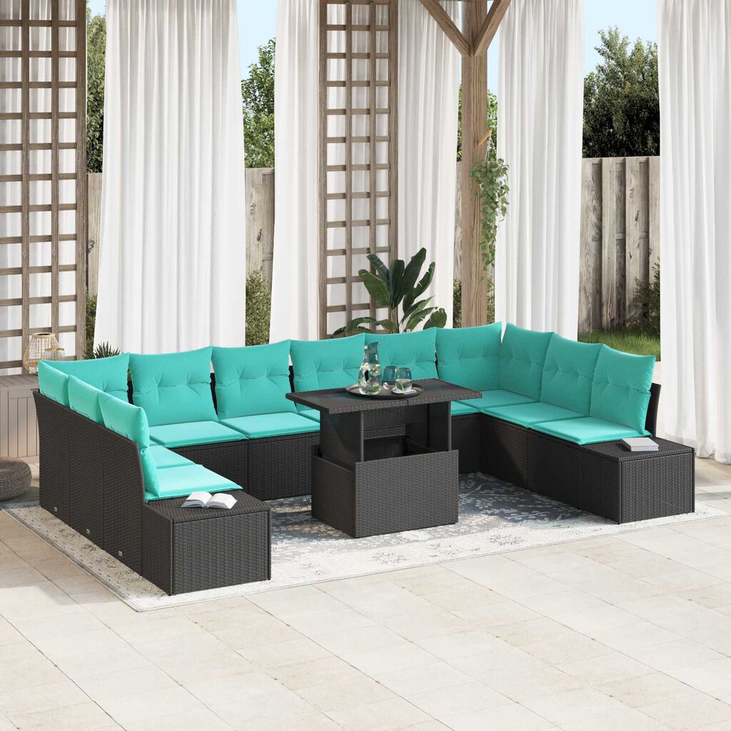 vidaXL 11 Piece Garden Sofa Set with Cushions Black Poly Rattan