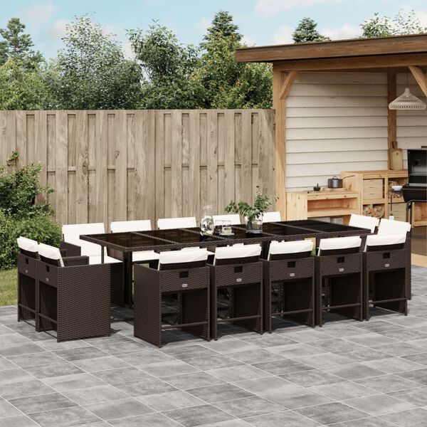 vidaXL 15 Piece Garden Dining Set with Cushions Brown Poly Rattan