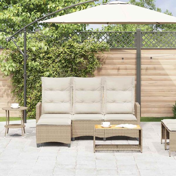 vidaXL Reclining Garden Sofa with Cushions L-shaped Beige Poly Rattan