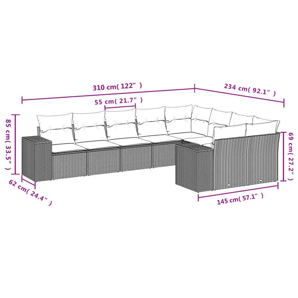 vidaXL 9 Piece Garden Sofa Set with Cushions Black Poly Rattan